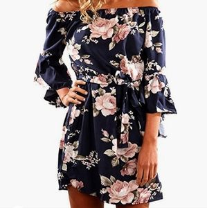 SVALIY Women Off Shoulder Ruffles Floral Tunic Casual Party Shift Short Dress